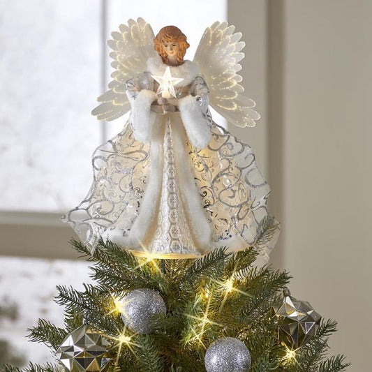 Angel Tree Topper with Animated Wing Motion and Fiber Optic Lighting, Warm LED Star Velocideals