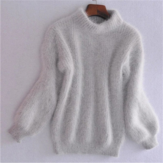 Angora Blend Sweater with Relaxed Fit and Vintage Texture, Solid Color Pullover Velocideals