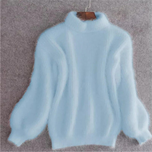 Angora Blend Sweater with Relaxed Fit and Vintage Texture, Solid Color Pullover Velocideals